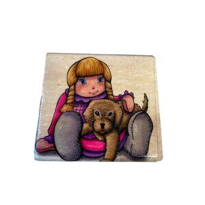 Vintage Wood-Mounted Girl Braids Puppy Dog‎ Rubber Stamp Craft Supply